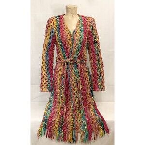 Sandy Starkman Rainbow Knit Jacket S Small 18" Long Cardigan Beaded Tassel Mesh